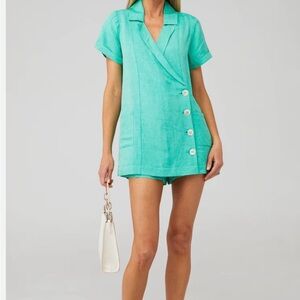 Show Me Your MuMu bicoastal Blazer Romper in seafoam linen -Up